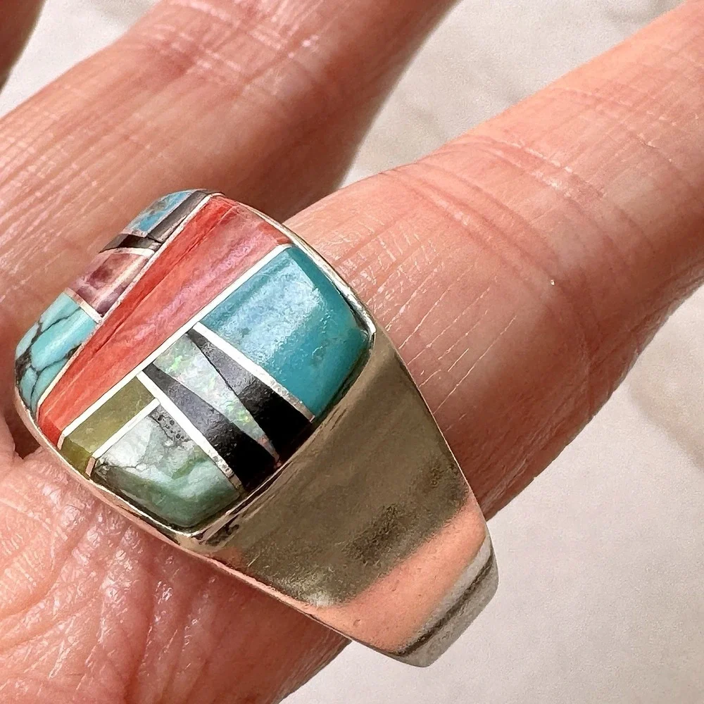 Navajo Mens Ring Sz 12‎ Multi Stone Signed Yazzie Turquoise Sterling Native Amer